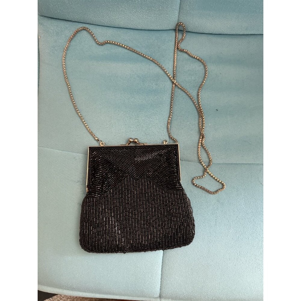Vintage La Regale Beaded Shoulder Bag Black Art Deco Chain Strap Kiss Lock